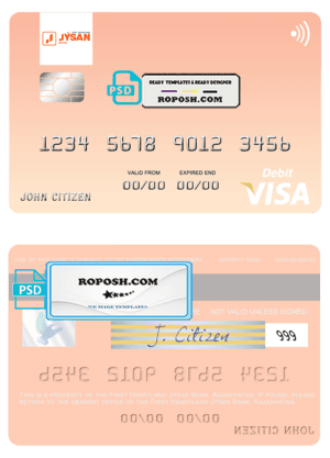 Kazakhstan First Heartland Jýsan Bank visa card fully editable template in PSD format