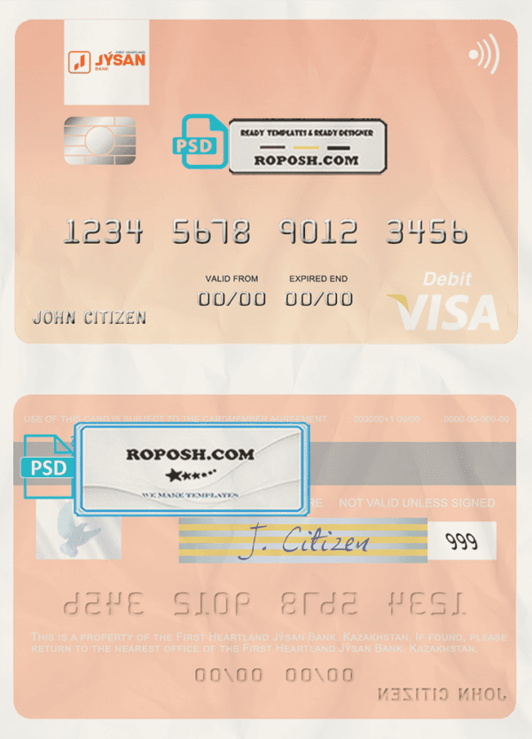 Kazakhstan First Heartland Jýsan Bank visa card fully editable template in PSD format