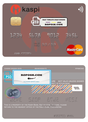 Kazakhstan Kaspi Bank mastercard fully editable credit card template in PSD format