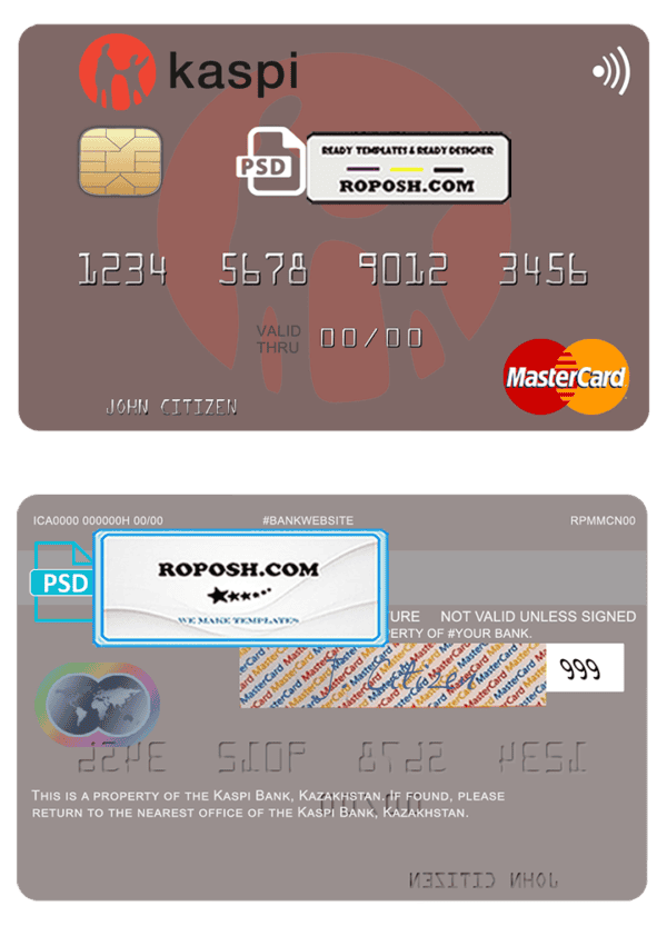 Kazakhstan Kaspi Bank mastercard fully editable credit card template in PSD format