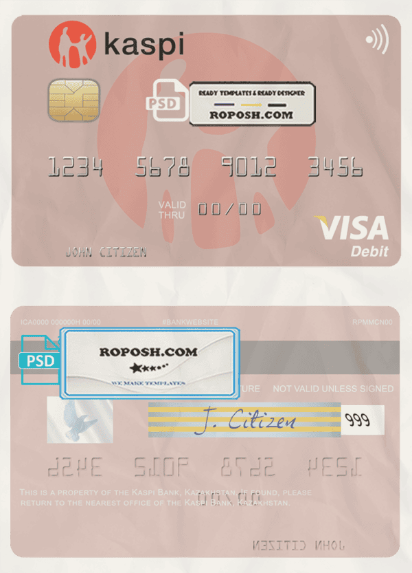 Kazakhstan Kaspi Bank visa card fully editable template in PSD format