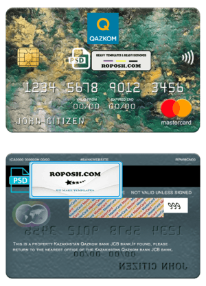 Kazakhstan Qazkom bank mastercard, fully editable template in PSD format