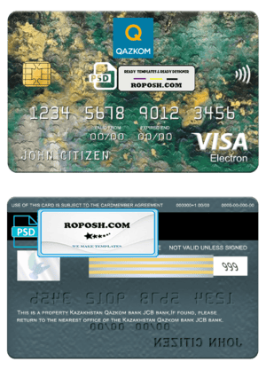 Kazakhstan Qazkom bank visa electron card, fully editable template in PSD format