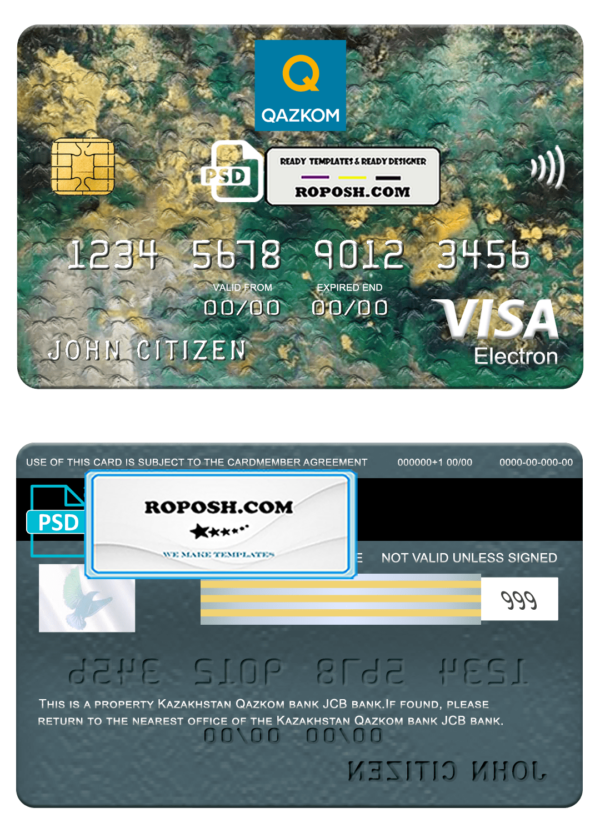 Kazakhstan Qazkom bank visa electron card, fully editable template in PSD format