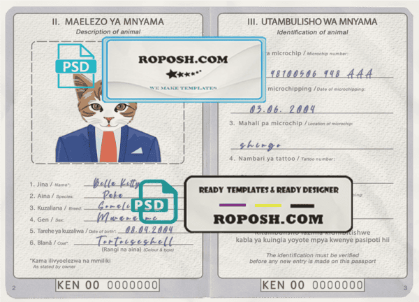 Kenya cat (animal, pet) passport PSD template, completely editable