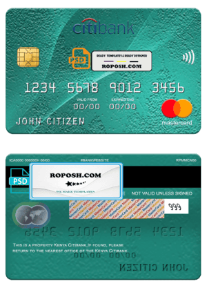 Kenya Citibank mastercard, fully editable template in PSD format