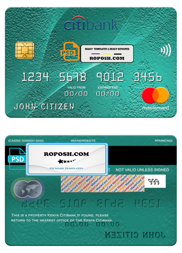 Kenya Citibank mastercard, fully editable template in PSD format