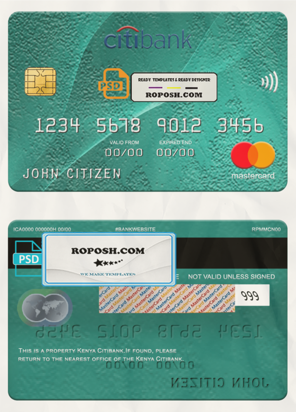 Kenya Citibank mastercard, fully editable template in PSD format scan effect
