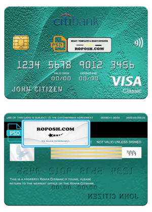 Kenya Citibank visa classic card, fully editable template in PSD format