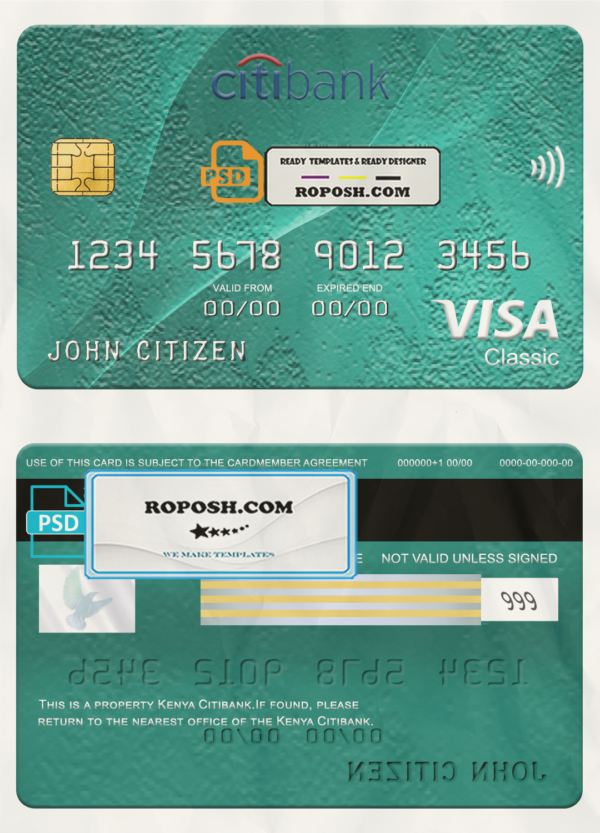 Kenya Citibank visa classic card, fully editable template in PSD format scan effect