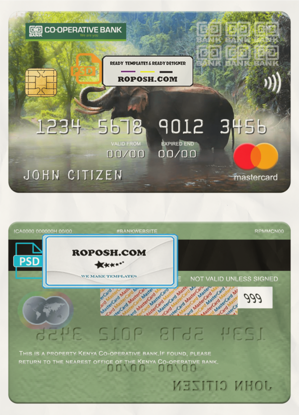 Kenya Co-operative bank of Kenya mastercard, fully editable template in PSD format scan effect