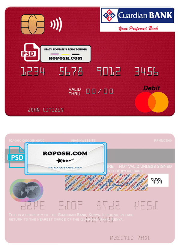 Kenya Guardian Bank mastercard credit card fully editable template in PSD format