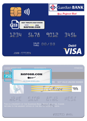 Kenya Guardian Bank visa card fully editable template in PSD format