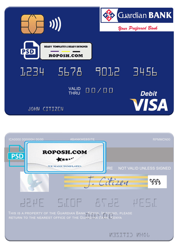 Kenya Guardian Bank visa card fully editable template in PSD format