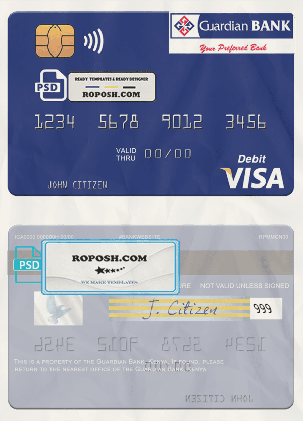 Kenya Guardian Bank visa card fully editable template in PSD format