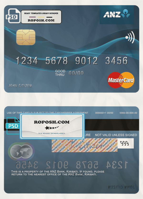 Kiribati ANZ Bank mastercard fully editable template in PSD format