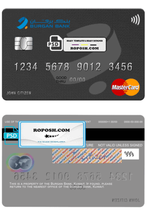 Kuwait Burgan Bank mastercard credit card template in PSD format.