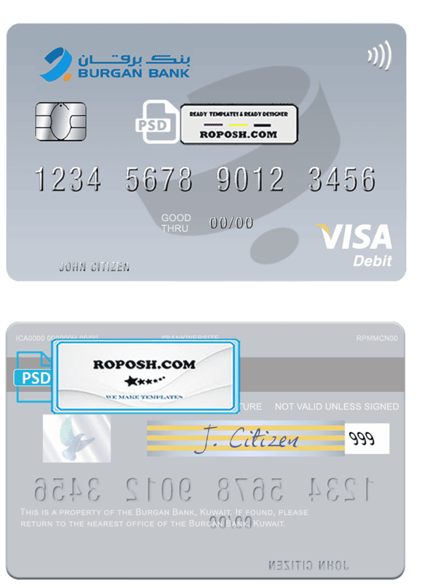 Kuwait Burgan Bank visa card fully editable template in PSD format