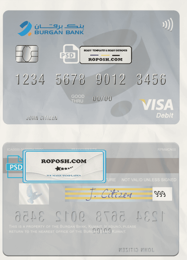 Kuwait Burgan Bank visa card fully editable template in PSD format