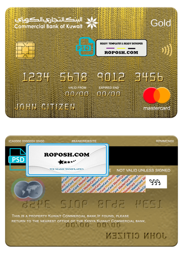 Kuwait Commercial bank mastercard gold, fully editable template in PSD format