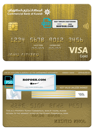 Kuwait Commercial bank visa gold card, fully editable template in PSD format