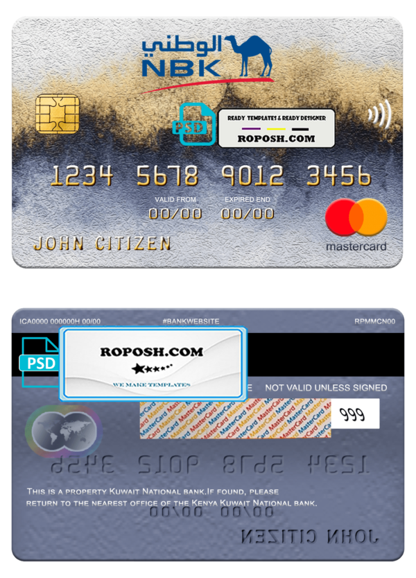 Kuwait National Bank of Kuwait (NBK) mastercard, fully editable template in PSD format