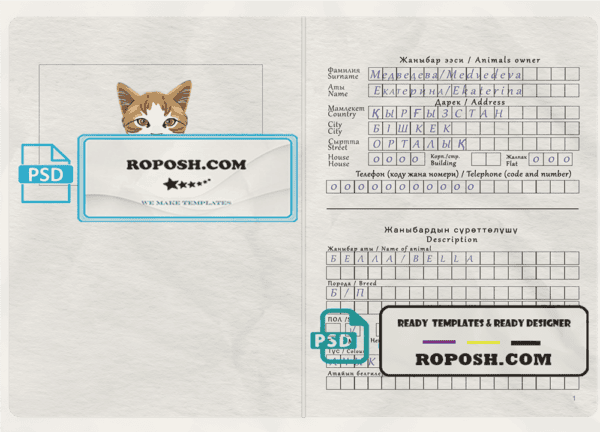 Kyrgyzstan cat (animal, pet) passport PSD template, fully editable