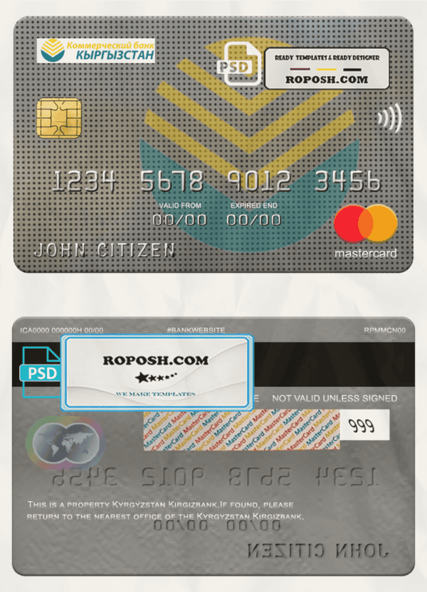 Kyrgyzstan Kirgizbank mastercard, fully editable template in PSD format