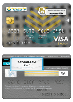 Kyrgyzstan Kirgizbank visa electron card, fully editable template in PSD format