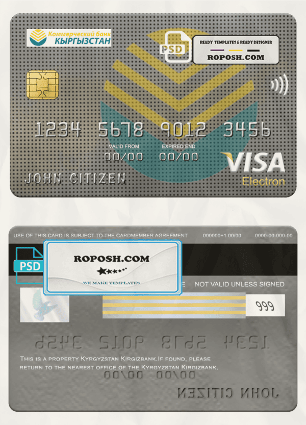 Kyrgyzstan Kirgizbank visa electron card, fully editable template in PSD format