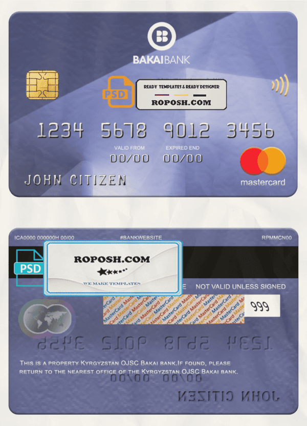 Kyrgyzstan OJSC Bakai bank mastercard, fully editable template in PSD format