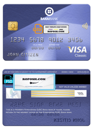 Kyrgyzstan OJSC Bakai bank visa classic card, fully editable template in PSD format