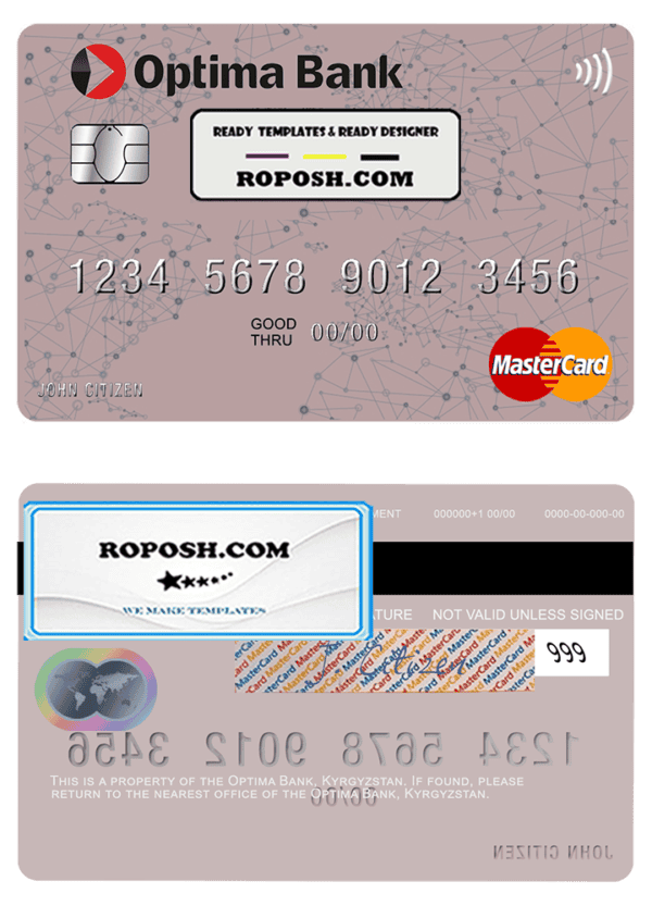 Kyrgyzstan Optima Bank mastercard fully editable template in PSD format