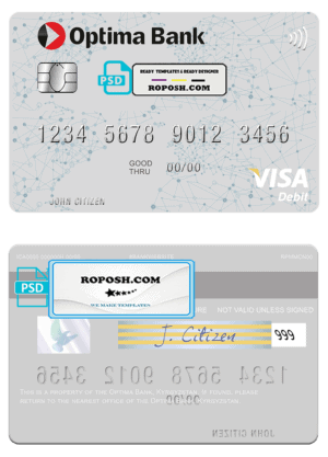 Kyrgyzstan Optima Bank visa card fully editable template in PSD format