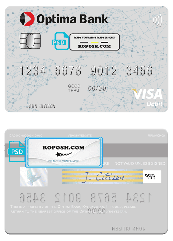 Kyrgyzstan Optima Bank visa card fully editable template in PSD format