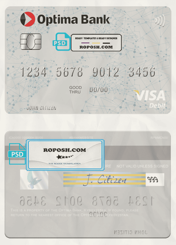 Kyrgyzstan Optima Bank visa card fully editable template in PSD format