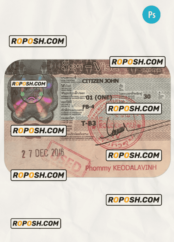 Laos travel visa PSD template, completely editable, with fonts