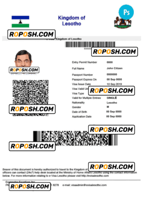 LESOTHO electronic visa PSD template, completely editable, with fonts