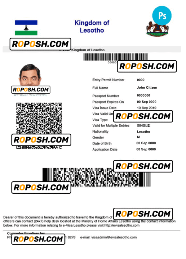 LESOTHO electronic visa PSD template, completely editable, with fonts