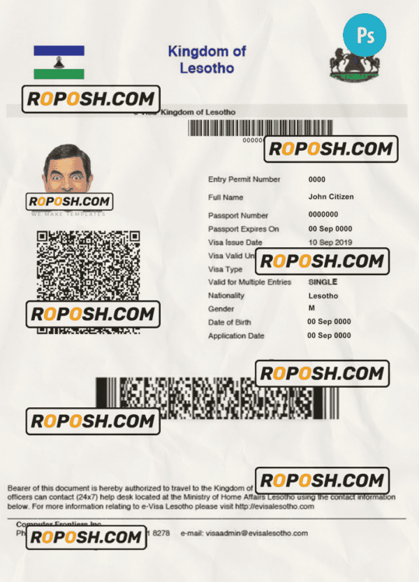 LESOTHO electronic visa PSD template, completely editable, with fonts