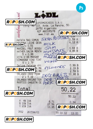 LIDL payment receipt PSD template