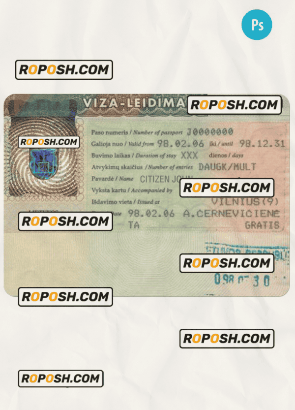LITHUANIA travel visa PSD template, fully editable
