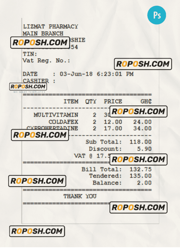 LIZMAT PHARMACY receipt PSD template