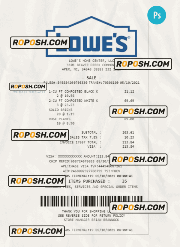 LOWE’S payment receipt PSD template