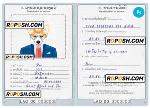 Laos dog (animal, pet) passport PSD template, completely editable