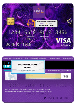 Laos Indochina bank visa classic card, fully editable template in PSD format