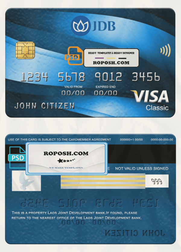Laos Joint Development Bank (JDB) visa classic card, fully editable template in PSD format