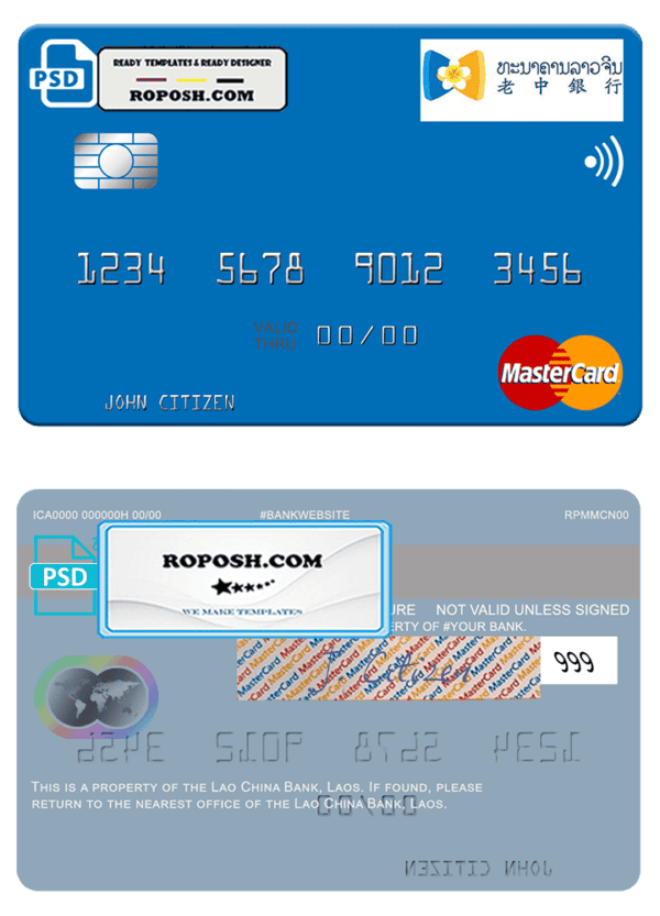 Laos Lao China Bank mastercard fully editable template in PSD format