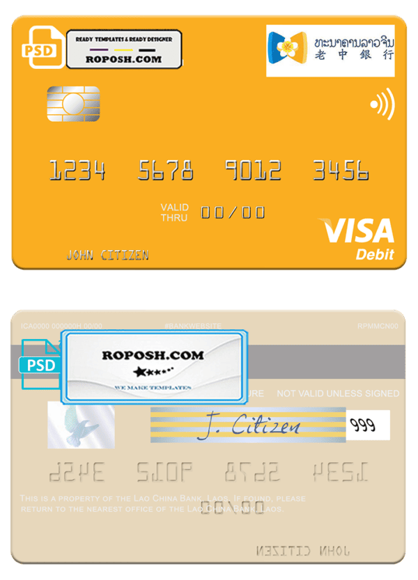 Laos Lao China Bank visa card fully editable template in PSD format