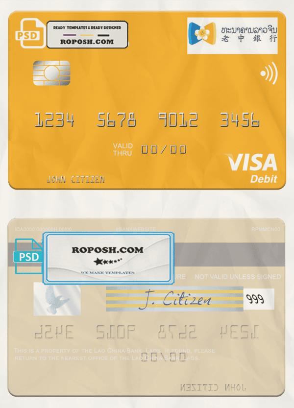Laos Lao China Bank visa card fully editable template in PSD format